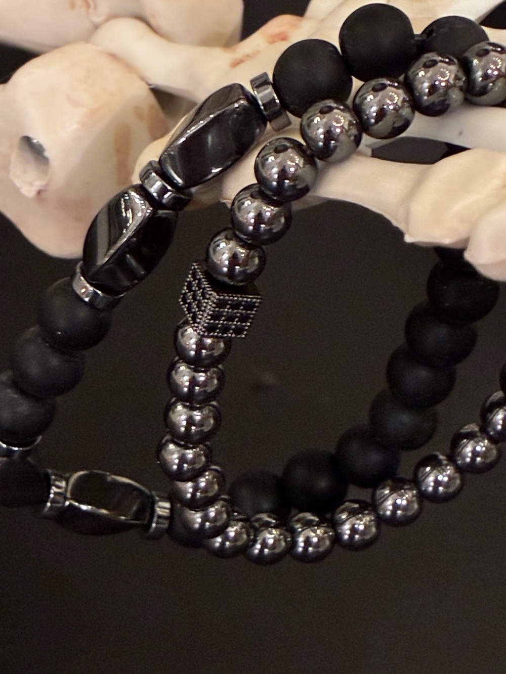 Set of two Matte Black Hematite Bead Bracelet Set for Men 17.98-18.98cms